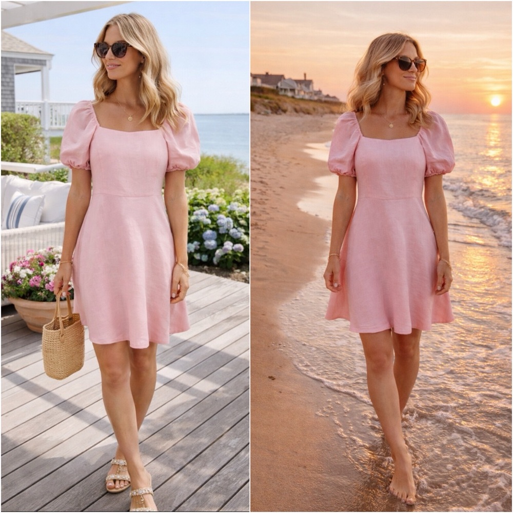 LOFT Blush Pink Linen Puff Sleeve Square Neck Mini Dress Back Tie size 4